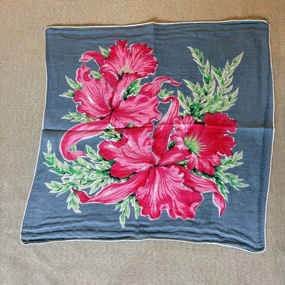 Vintage Floral Handkerchief Red Hibiscus Print Gray Cotton Hanky